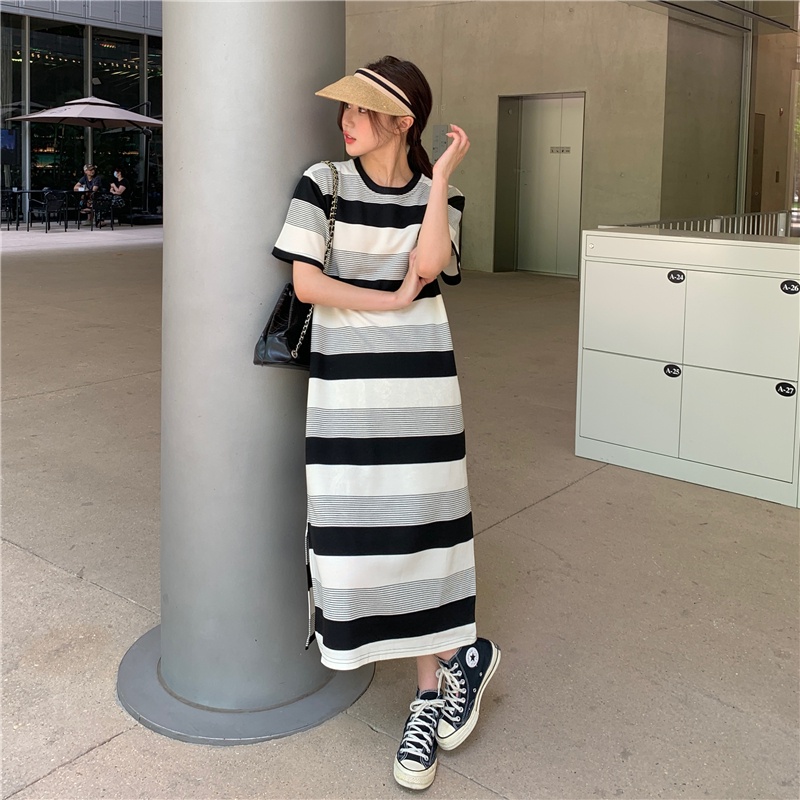 SUXI Đầm Midi Tay Ngắn Cổ Tròn Dáng Rộng Họa Tiết Kẻ Sọc Thời Trang Mùa Hè Xinh Xắn Cho Nữ