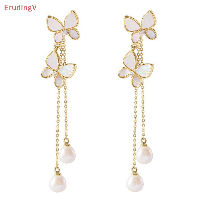1 Đôi Bông Tai Dáng Dài Hình Bướm Đính Ngọc Trai Lãng Mạn Thời Trang Cho Nữ