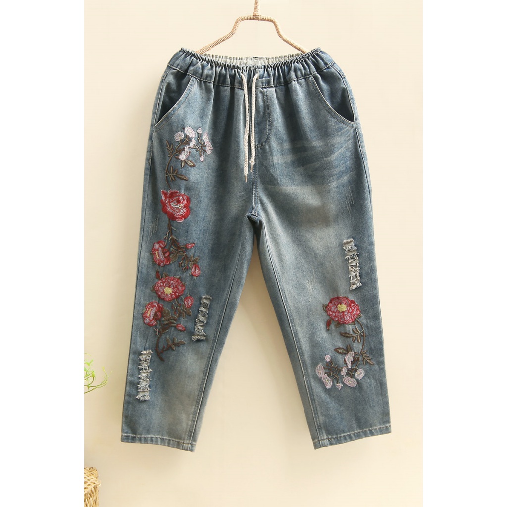 Quần Jeans Lửng Thêu Họa Tiết Phong Cách Nhật Bản Mới Cho Nữ