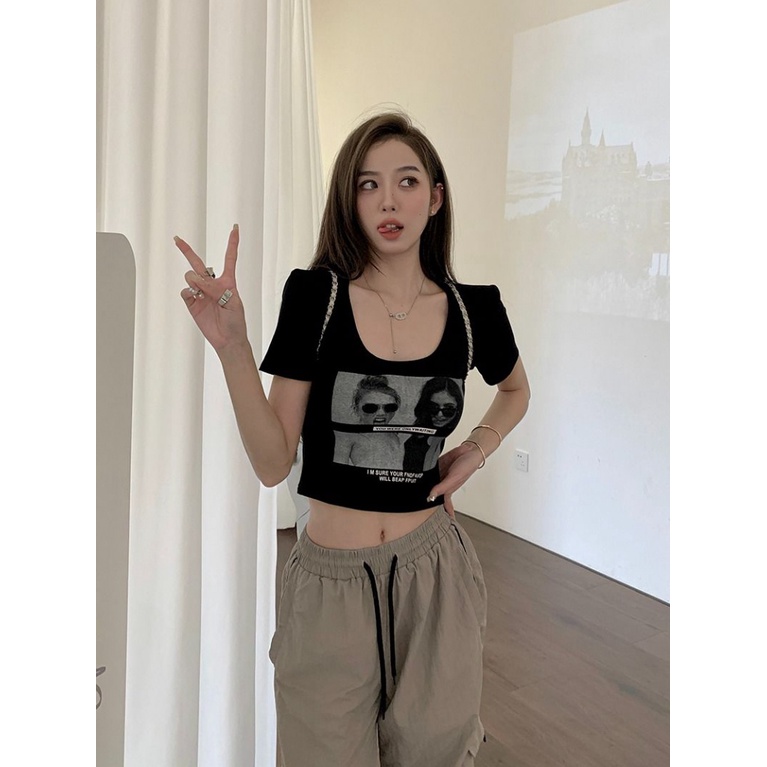 Áo baby tee Thun croptop Cotton Ngắn Tay Cổ Chữ u Màu Đen Phong Cách Retro Mỹ Thời Trang Mùa Hè 2023 Dành Cho Nữ