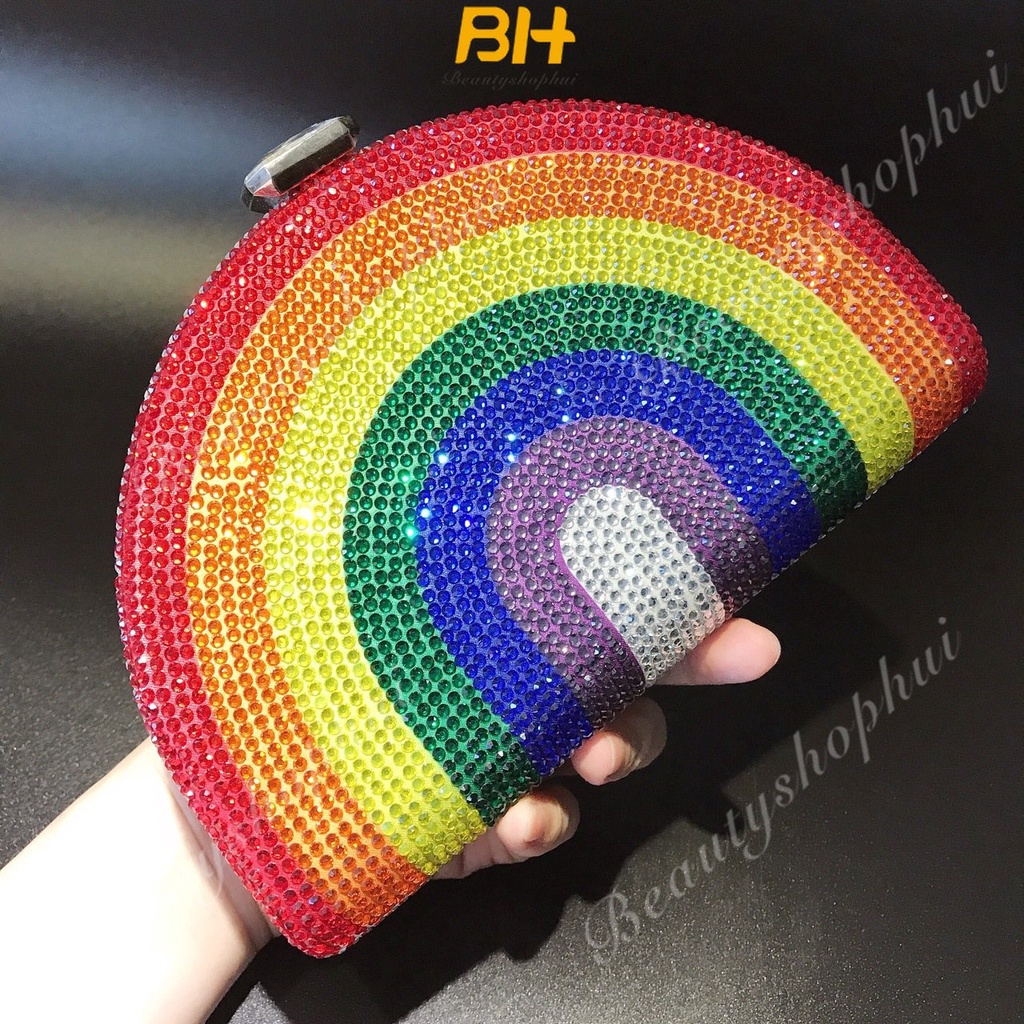 Túi Đeo Chéo Vai Cầm Tay Đính Kim Cương Giả Màu Cầu Vồng Mới Dành Cho Bạn Nữ Dự Tiệc Tối