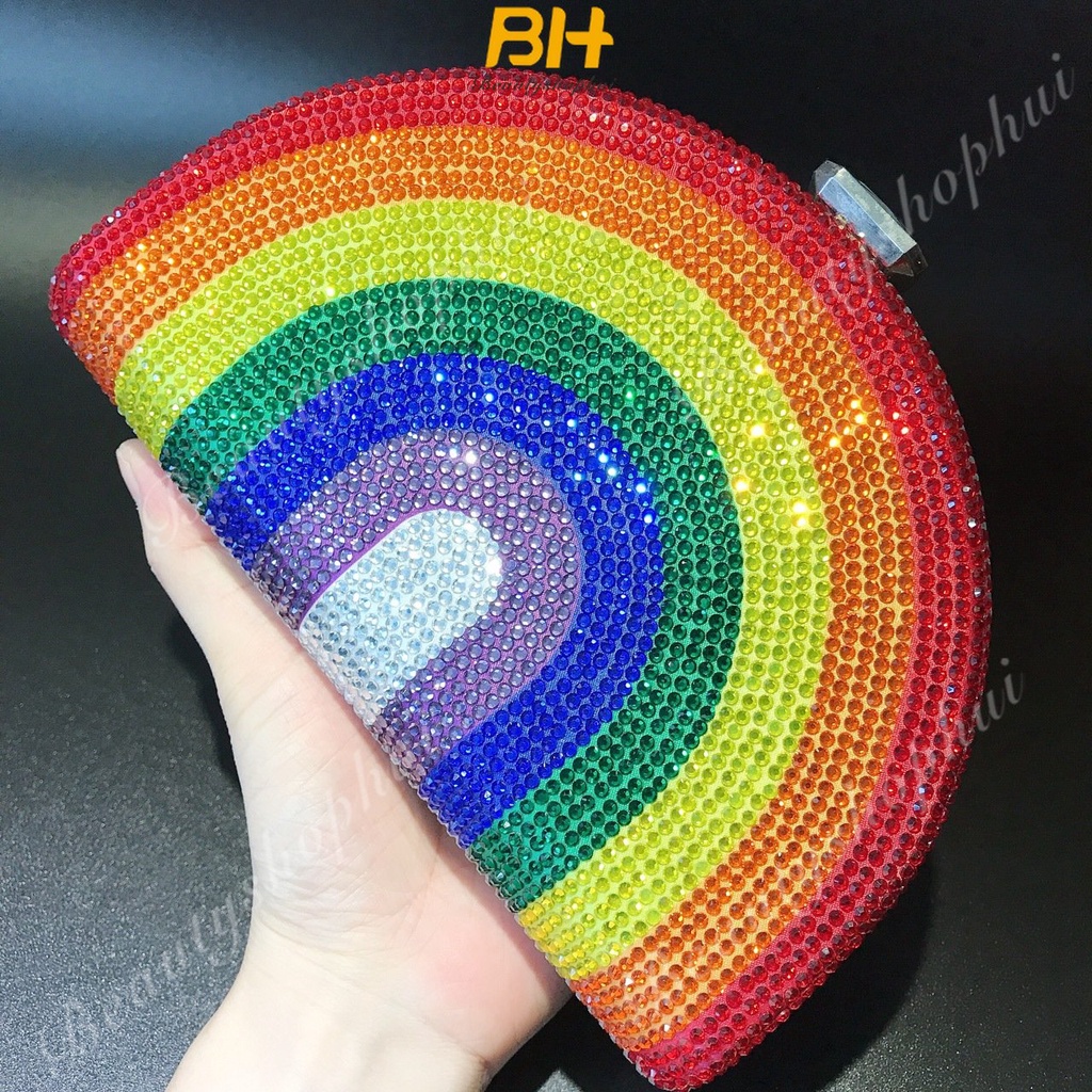 Túi Đeo Chéo Vai Cầm Tay Đính Kim Cương Giả Màu Cầu Vồng Mới Dành Cho Bạn Nữ Dự Tiệc Tối