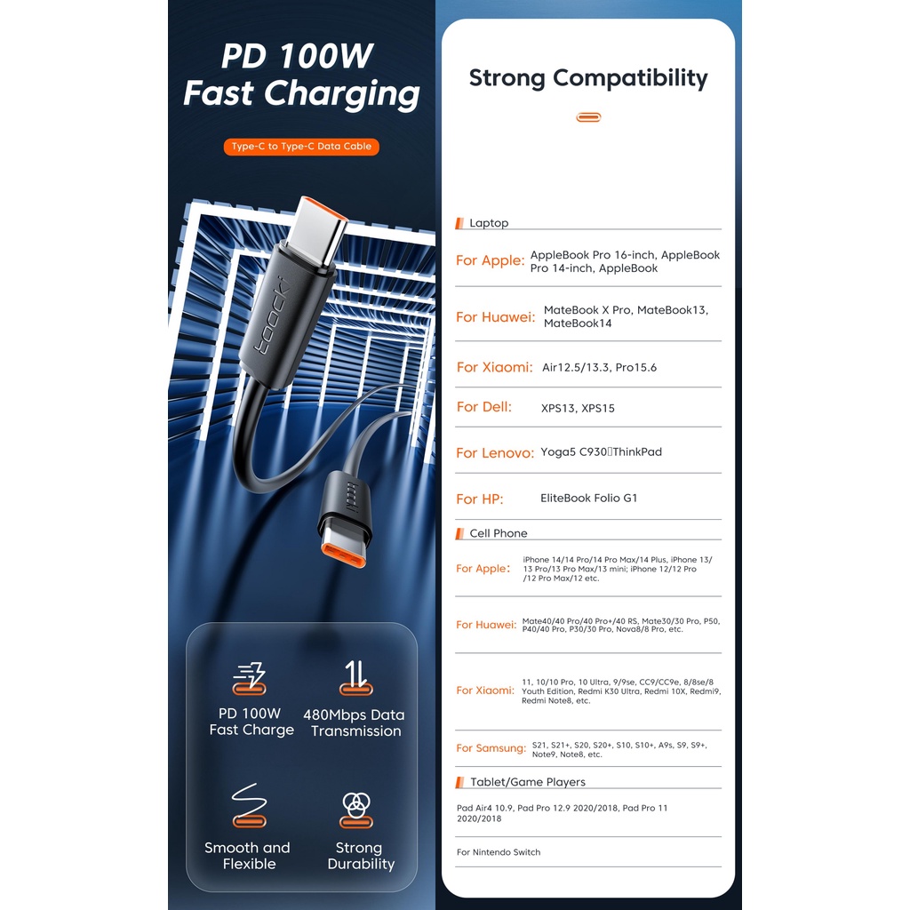 Dây Cáp Sạc Nhanh 100W USB C Sang USB C PD Type C Cho Samsung Xiaomi