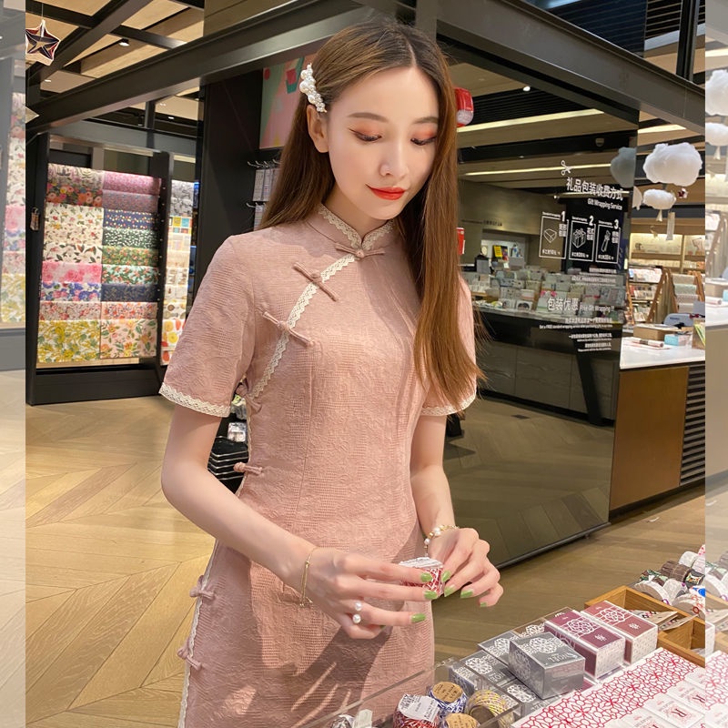 Đầm Sườn Xám Cách Tân Ngắn Tay Dáng Lửng Thời Trang Mùa Hè Phong Cách Trung Hoa Cổ Điển