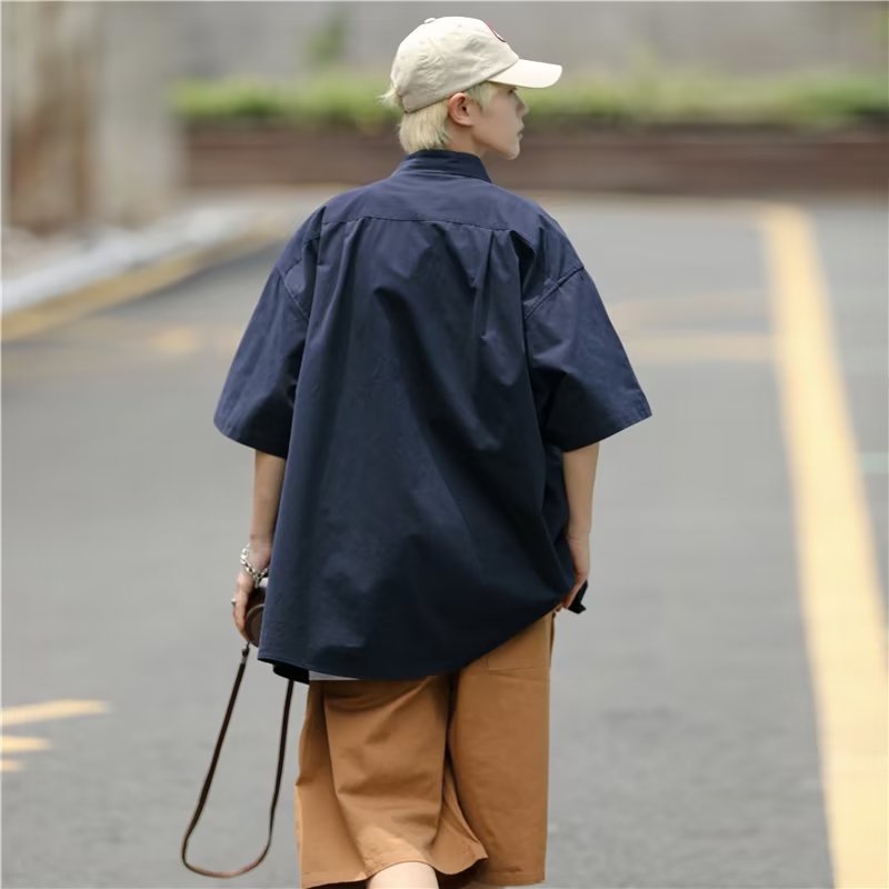 Áo Sơ Mi Ngắn Tay Dáng Rộng Màu Trơn Thời Trang Mùa Hè Hàn Quốc Giản Dị Dành Cho Nam