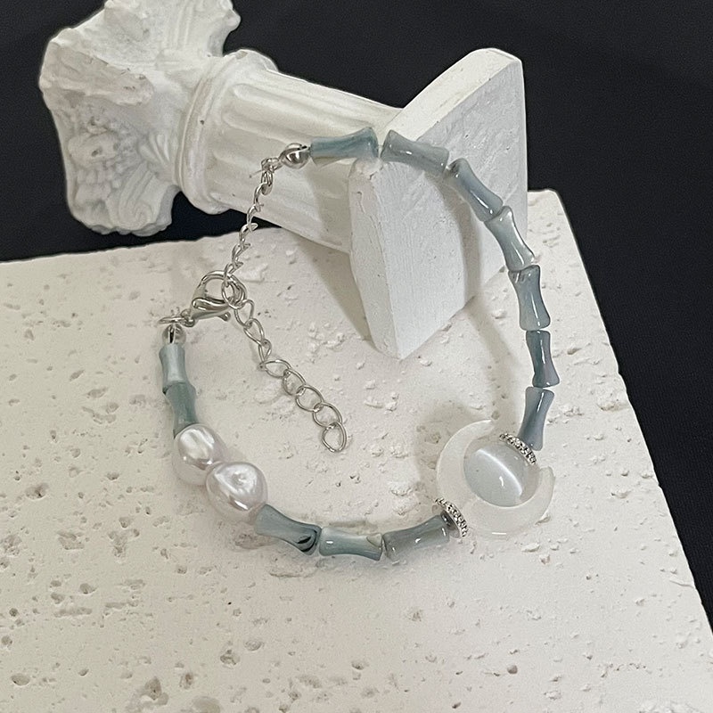 Vòng Đeo Tay Bằng Tre Đính Ngọc Trai Mặt Trăng Phong Cách Hàn Quốc Cổ Điển Dành Cho Nữ