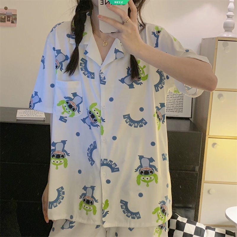 Bộ Đồ Ngủ Ngắn Tay Dáng Rộng In Hoạt Hình Stitch Thời Trang Mùa Hè Cho Nữ