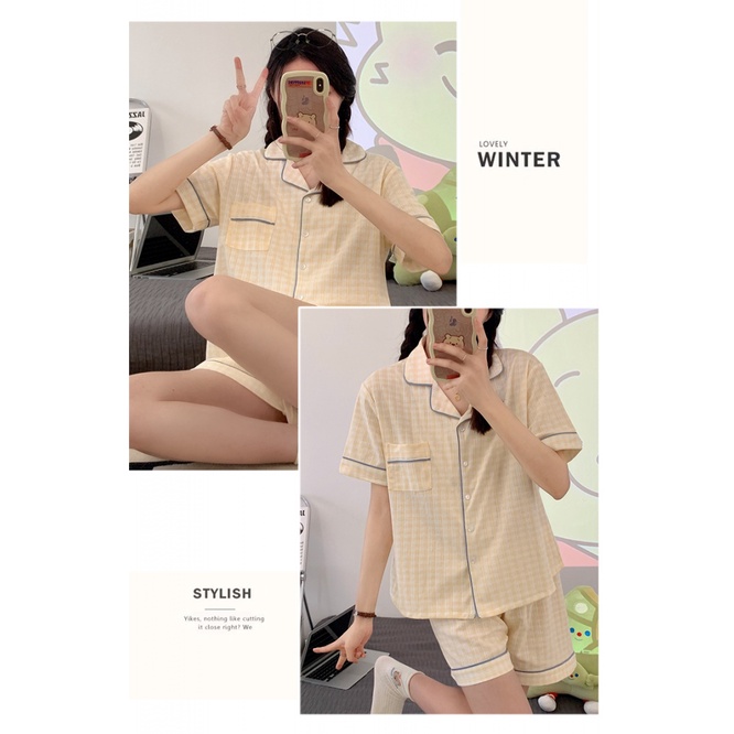 Bộ Đồ Ngủ Ngắn Tay Họa Tiết Kẻ Sọc Thời Trang Mùa Hè Phong Cách Hàn Quốc Mới Cho Nữ
