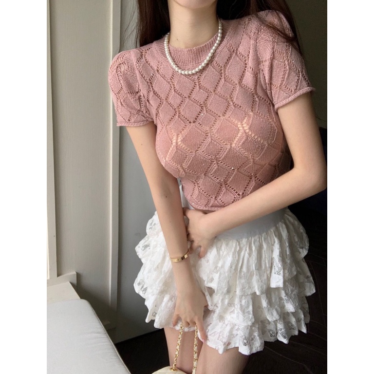 Áo Croptop Dệt Kim Tay Ngắn Hở Lưng Thời Trang Mùa Hè Hàn Quốc Cho Nữ