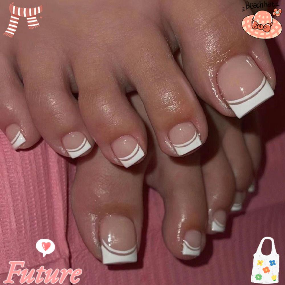 Set 24 Móng Chân Giả Hình Vuông Ngắn Phong Cách Pháp Cho Nữ