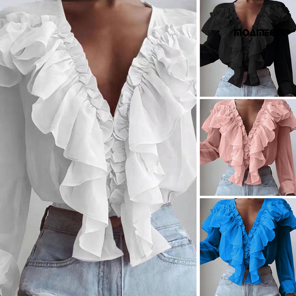 Áo Sơ Mi Chiffon Tay Dài Cổ Chữ V Màu Sắc Ngọt Ngào