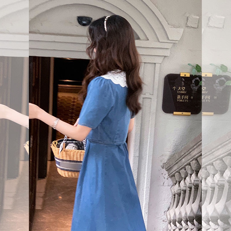 Đầm Chữ A Cổ Búp Bê Phối Ren Màu Xanh Dương Phong Cách Pháp Ngọt Ngào Thời Trang Mùa Hè Cho Nữ