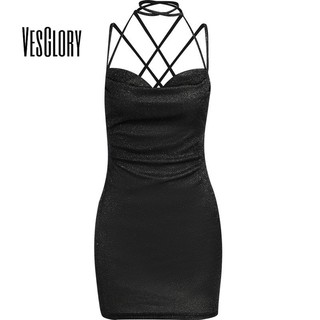 Đầm mini hai dây VESGLORY hở lưng màu trơn thời trang 2023 cho nữ
