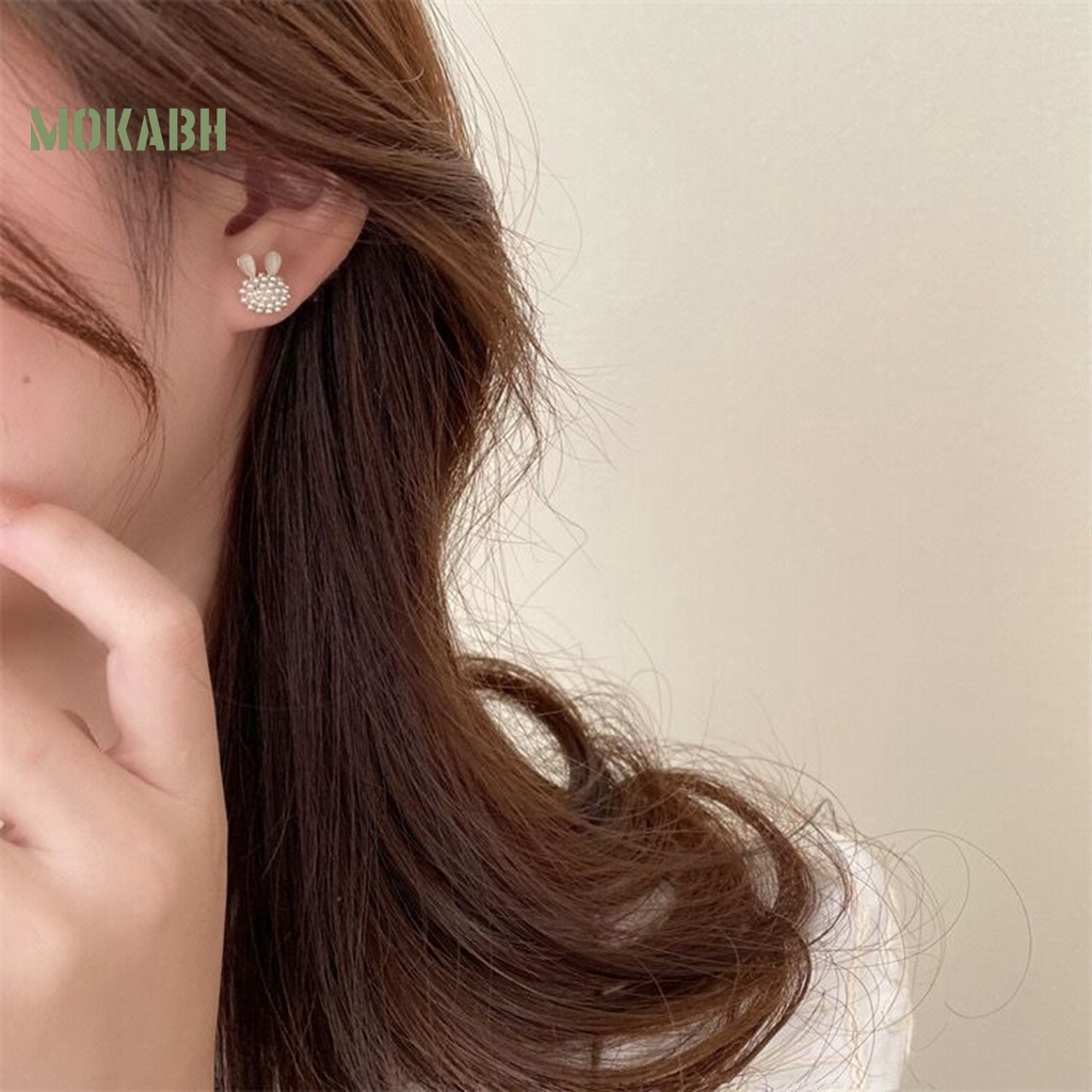 1 Đôi Bông Tai Hình Thỏ Đính Ngọc Trai Giả Thời Trang