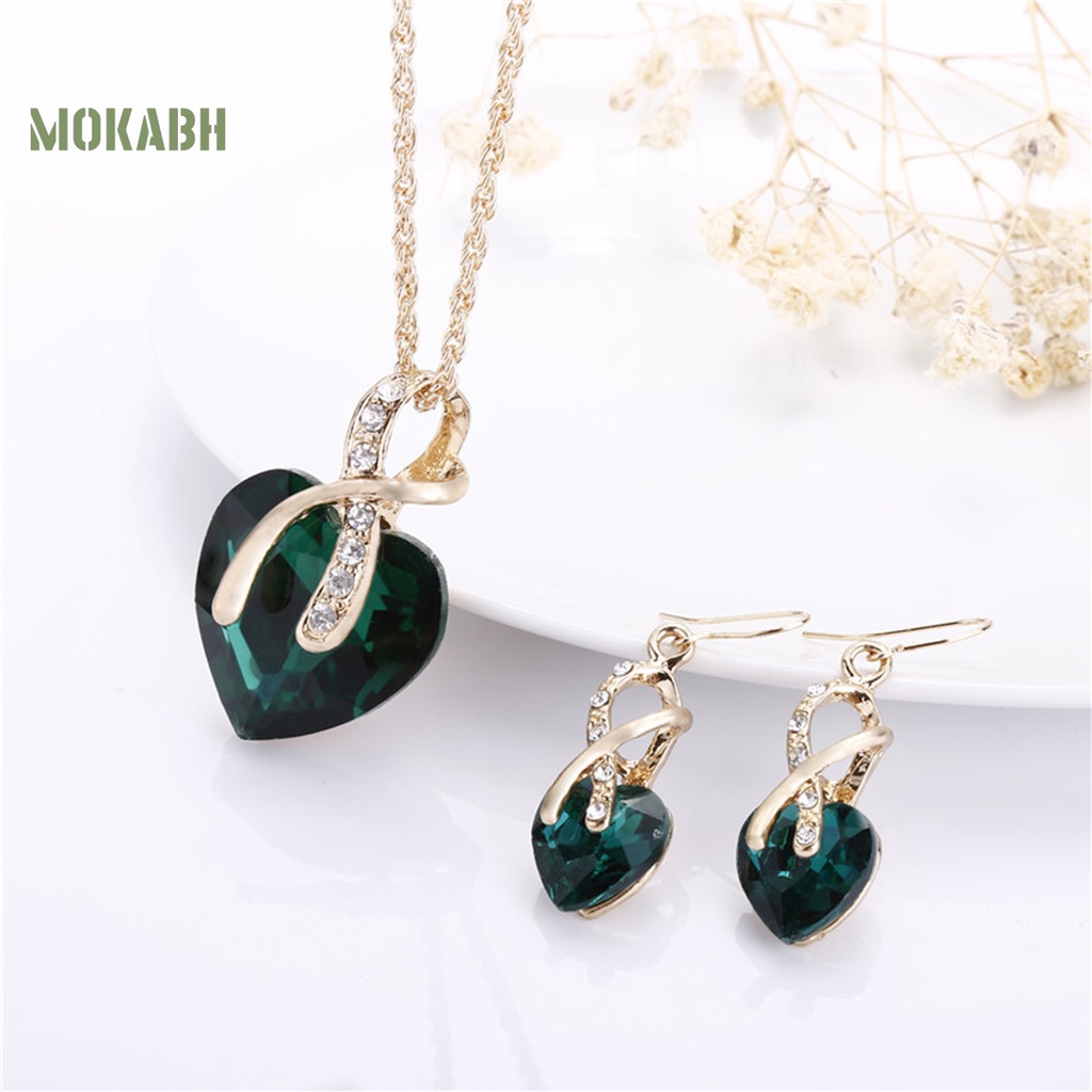 1 Set Vòng cổ Và Bông Tai Mặt Hình Trái Tim Đính Đá Ngọt Ngào Cho Nữ