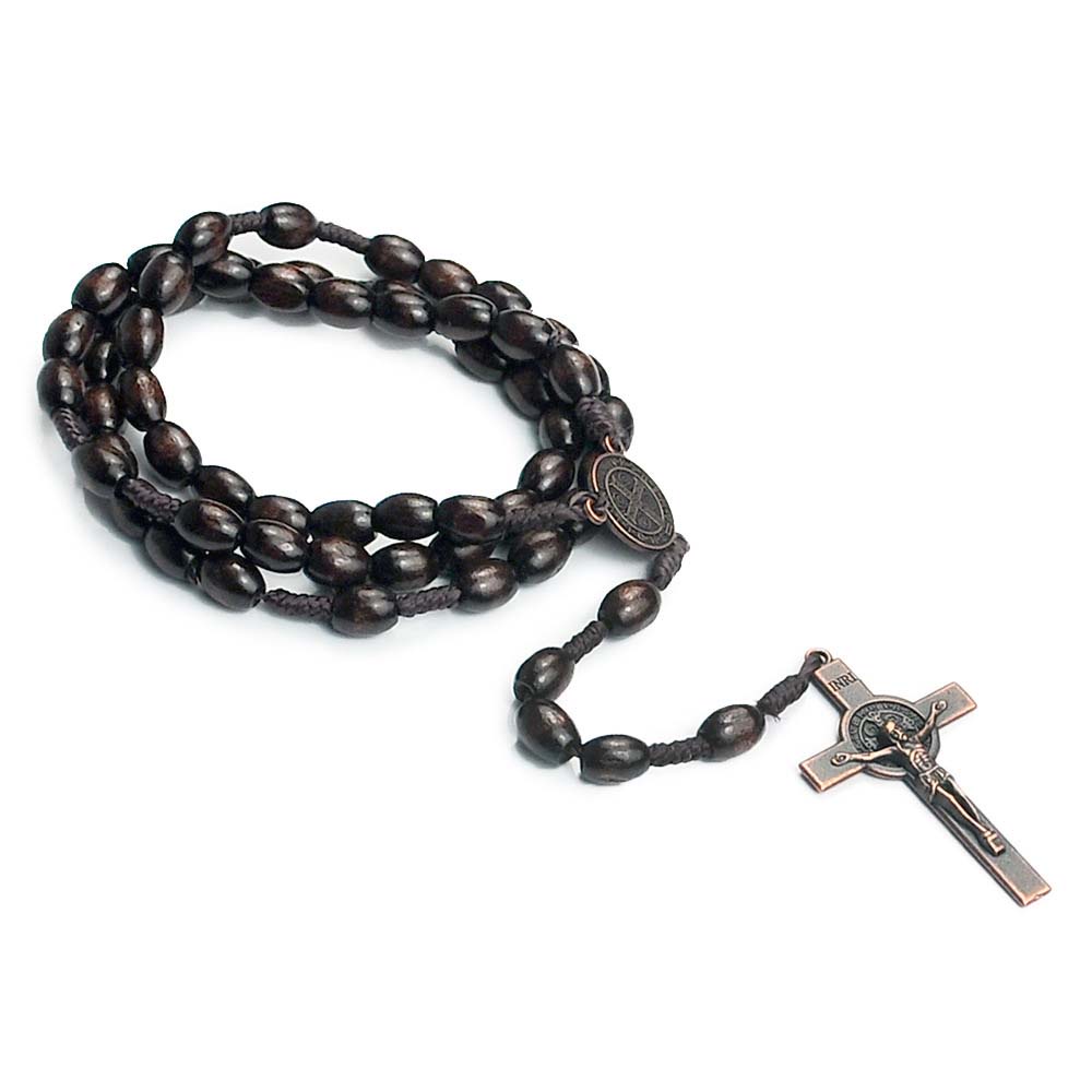Handmade Wooden Rosary Beads with Metal Cross Catholic Prayer Necklace
