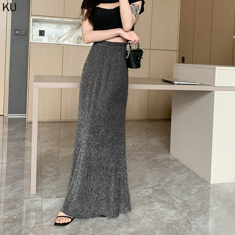 Váy Dài Đến Mắt Cá Chân Eo Cao Bằng Lụa Bạc Lấp Lánh Phong Cách Phương Tây Thời Trang Mùa Hè Mới 2023