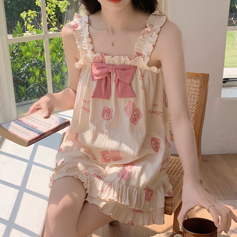 Bộ Đồ Ngủ Sát Nách Chất Liệu Da Mỏng Họa Tiết Gấu Và Dâu Tây Thời Trang Mùa Hè Cho