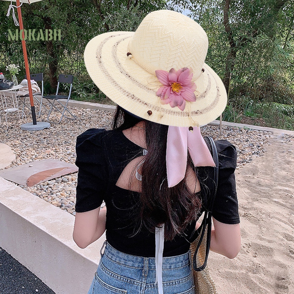 Nón Cối Rộng Vành Màu Trơn Đính Hạt Hoa Phong Cách Hàn Quốc Cho Nữ