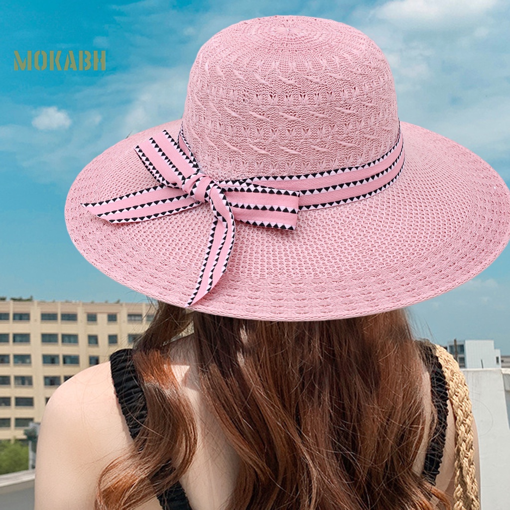 Nón Rộng Vành Thoáng Khí Đính Nơ Thời Trang Đi Biển Mùa Hè Cho Nữ
