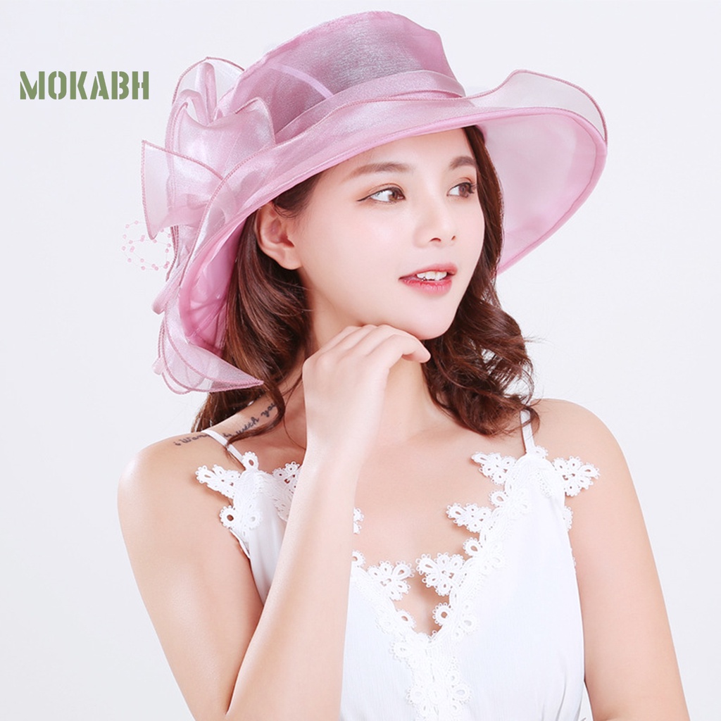 [Mok Abh] Mũ Rộng Vành Phối Lưới Họa Tiết Hoa Thời Trung Cổ Dùng Đi Biển Cho Nữ