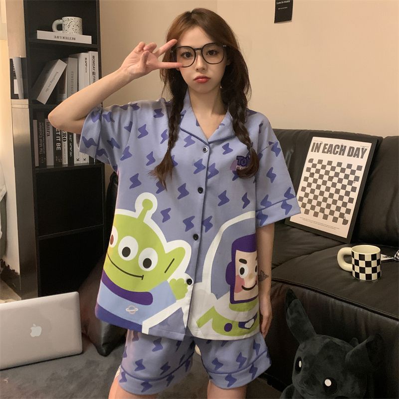 Bộ Đồ Ngủ Ngắn Tay Họa Tiết Hoạt Hình Người Ngoài Hành Tinh Thời Trang Mùa Hè Cho Nữ