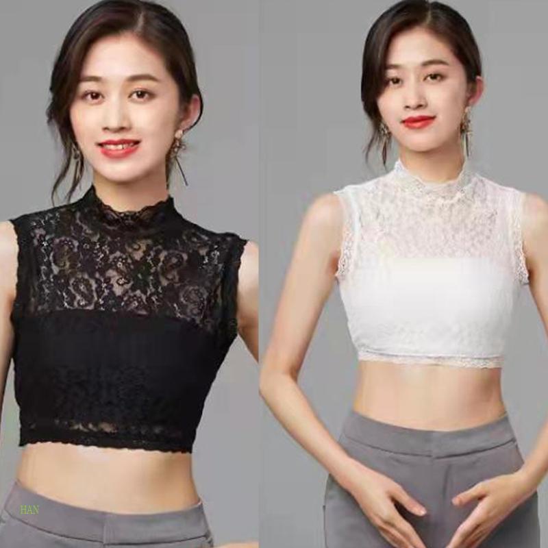 Áo Kiểu Cổ Đứng Phối Ren Hoa Xuyên Thấu Không Tay Tháo Rời Được Cho Nữ