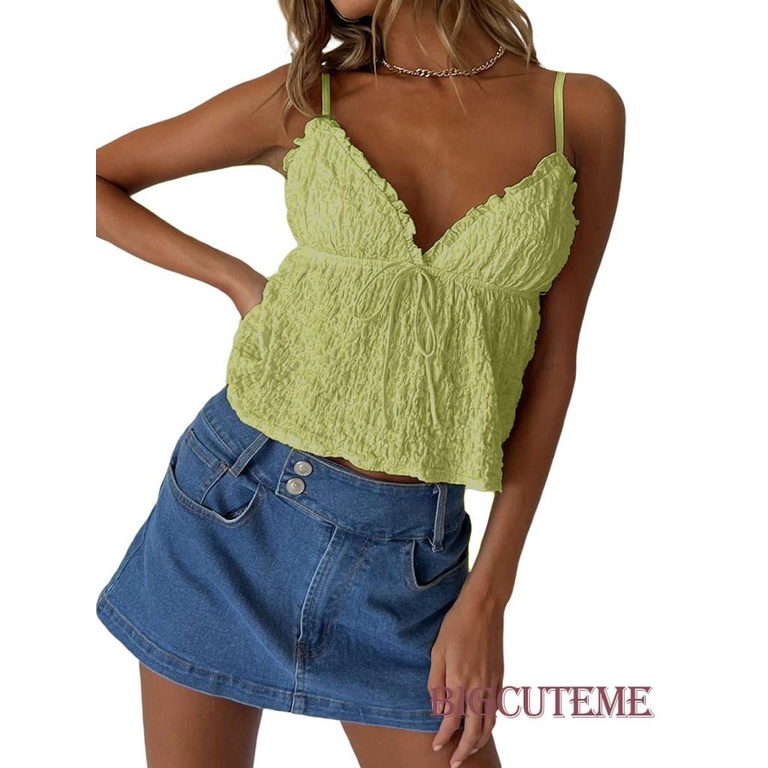 Áo Croptop Sát Nách Cổ Chữ V Nhún Bèo Màu Sắc Đơn Giản Thời Trang Cho Nữ