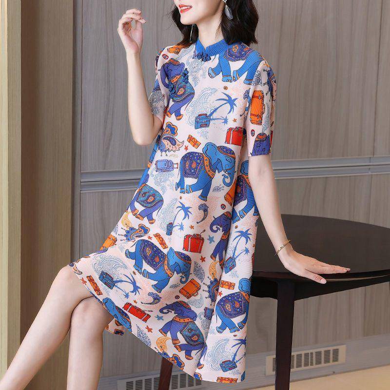 Miyake Đầm Chữ a Tay Ngắn Cổ Đứng Dáng Rộng In Họa Tiết Hoạt Hình Thời Trang Mùa Hè Cho Nữ