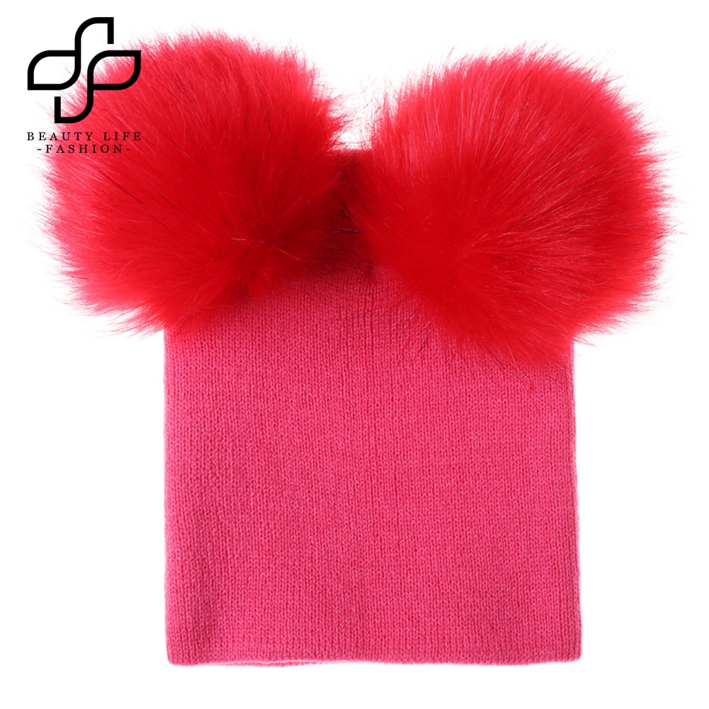 Nón Len Ấm Áp Màu Trơn Đính Hai Quả Bông Thời Trang Thu Đông Cho Bé