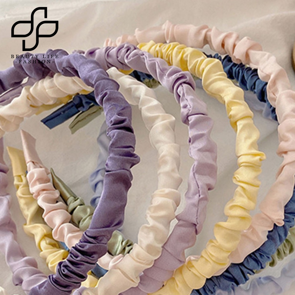 Băng Đô Cài Tóc Vải Satin Trơn Mịn Xếp Ly Màu Sắc Thời Trang