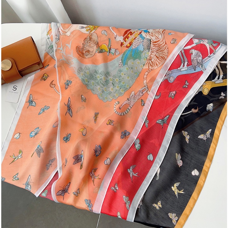 Khăn Choàng Cổ Lụa In Họa Tiết Bươm Bướm Phong Cách Hàn Quốc 180 * 38cm Dành Cho Nữ