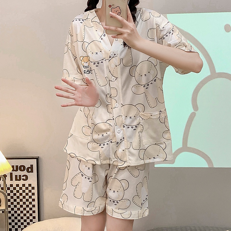 Bộ Đồ Ngủ Áo Tay Ngắn Phồng Cổ Chữ V Phối Quần Short Vải Cotton Thời Trang Mùa Hè Mới Cho Bạn Gái