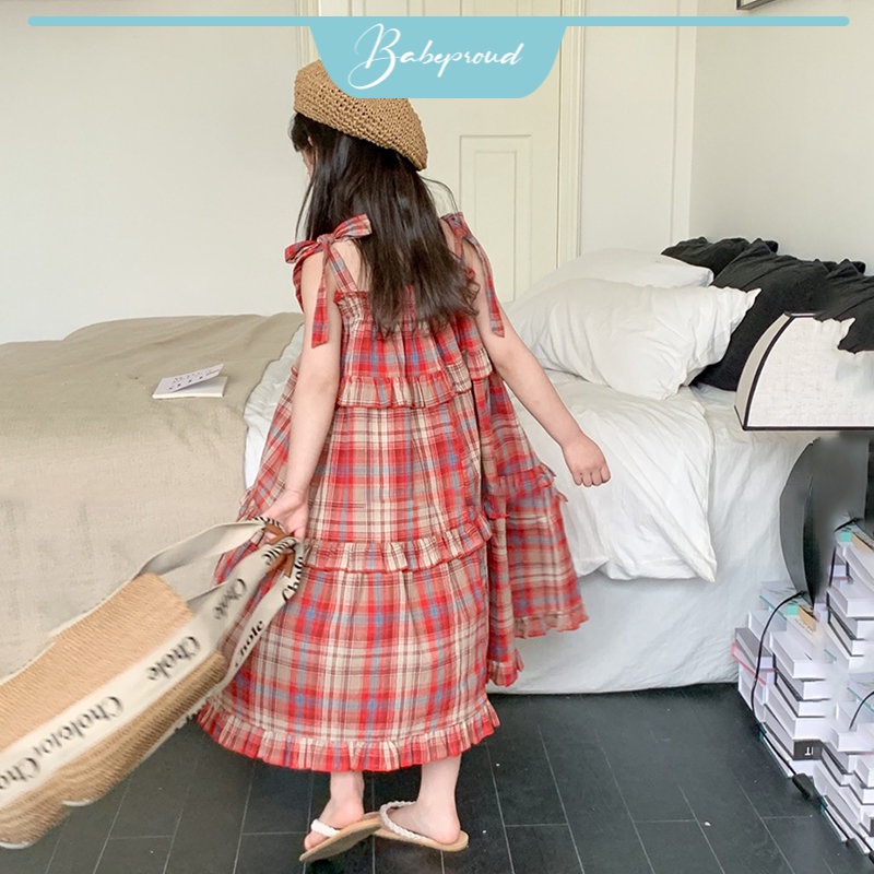 BABEPROUD Đầm xòe họa tiết caro phong cách Hàn Quốc cho bé gái 2-7 tuổi