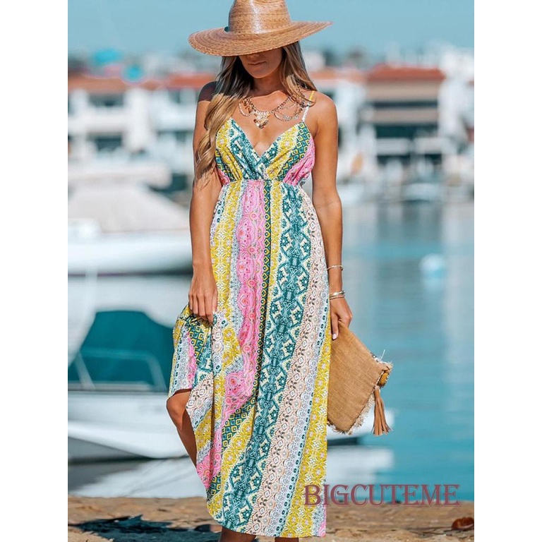 Đầm Dài Không Tay Cổ Chữ V In Họa Tiết Thời Trang Mùa Hè Cho Nữ
