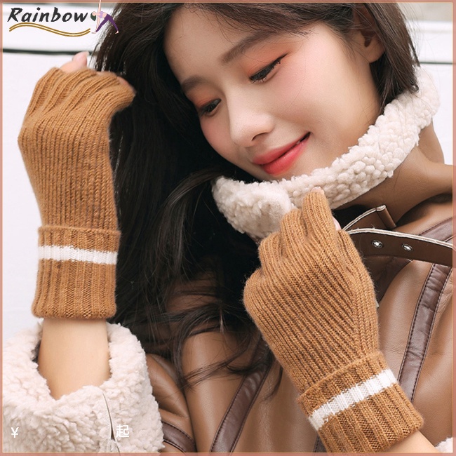 Găng Tay Len Hở Ngón Dày Dặn Chống Gió Giữ Ấm Mùa Đông Cho Nữ