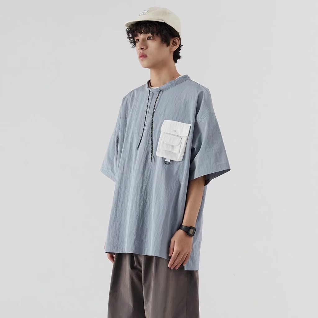 Áo Thun Tay Ngắn Dáng Rộng Phối Dây Rút Phong Cách Nhật Bản Thời Trang Mùa Hè Cho Nam