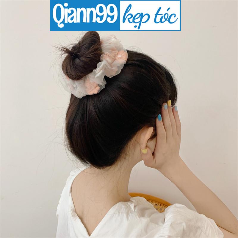 Dây Buộc Tóc Lưới Thêu Hoa Cúc Nhỏ Màu Xanh Dương Dễ Thương Phong Cách Hàn Quốc