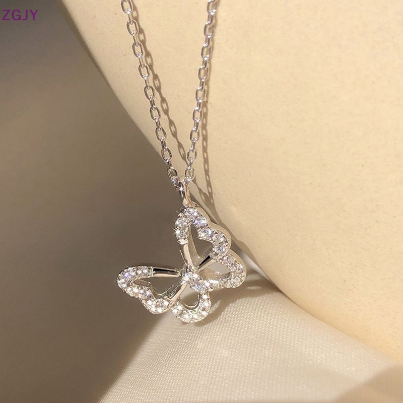 Vòng cổ Mạ Bạc Mặt Hình Bướm Rỗng Đính Đá Zircon Đơn Giản Thời Trang Mới
