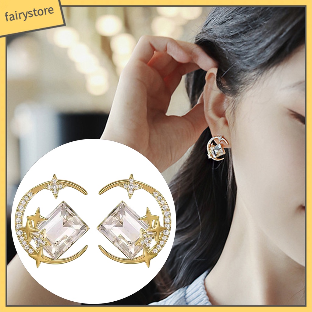 1 Đôi Bông Tai Hợp Kim Hình Ngôi Sao / Mặt Trăng Lấp Lánh Chống Oxy Hóa Thân Thiện Với Da Không Gây Kích Ứng Phong Cách Hàn Quốc Dành Cho Nữ