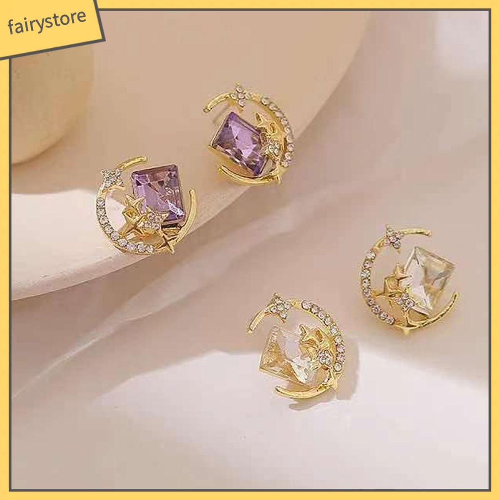 1 Đôi Bông Tai Hợp Kim Hình Ngôi Sao / Mặt Trăng Lấp Lánh Chống Oxy Hóa Thân Thiện Với Da Không Gây Kích Ứng Phong Cách Hàn Quốc Dành Cho Nữ