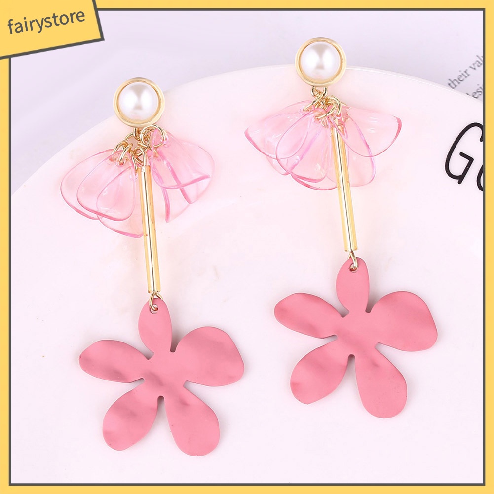 Bông Tai Dáng Dài Hình Cánh Hoa Bằng Nhựa Resin Phối Tua Rua Thanh Lịch Cho Nữ