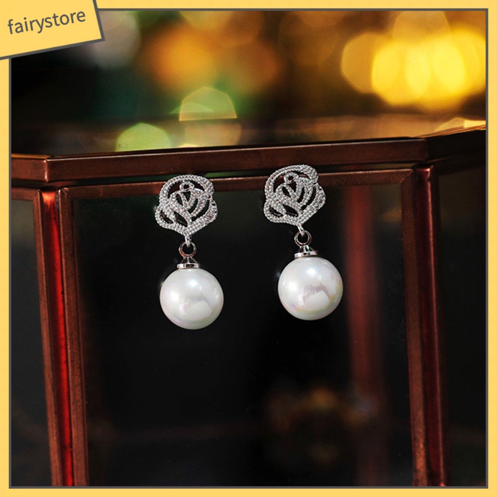 [FRO] Bông Tai Xỏ Lỗ Tròn Đính Hoa Hồng Ngọc Trai Giả Bằng Hợp Kim Thoải Mái Mặc Hàng Ngày Cho Nữ