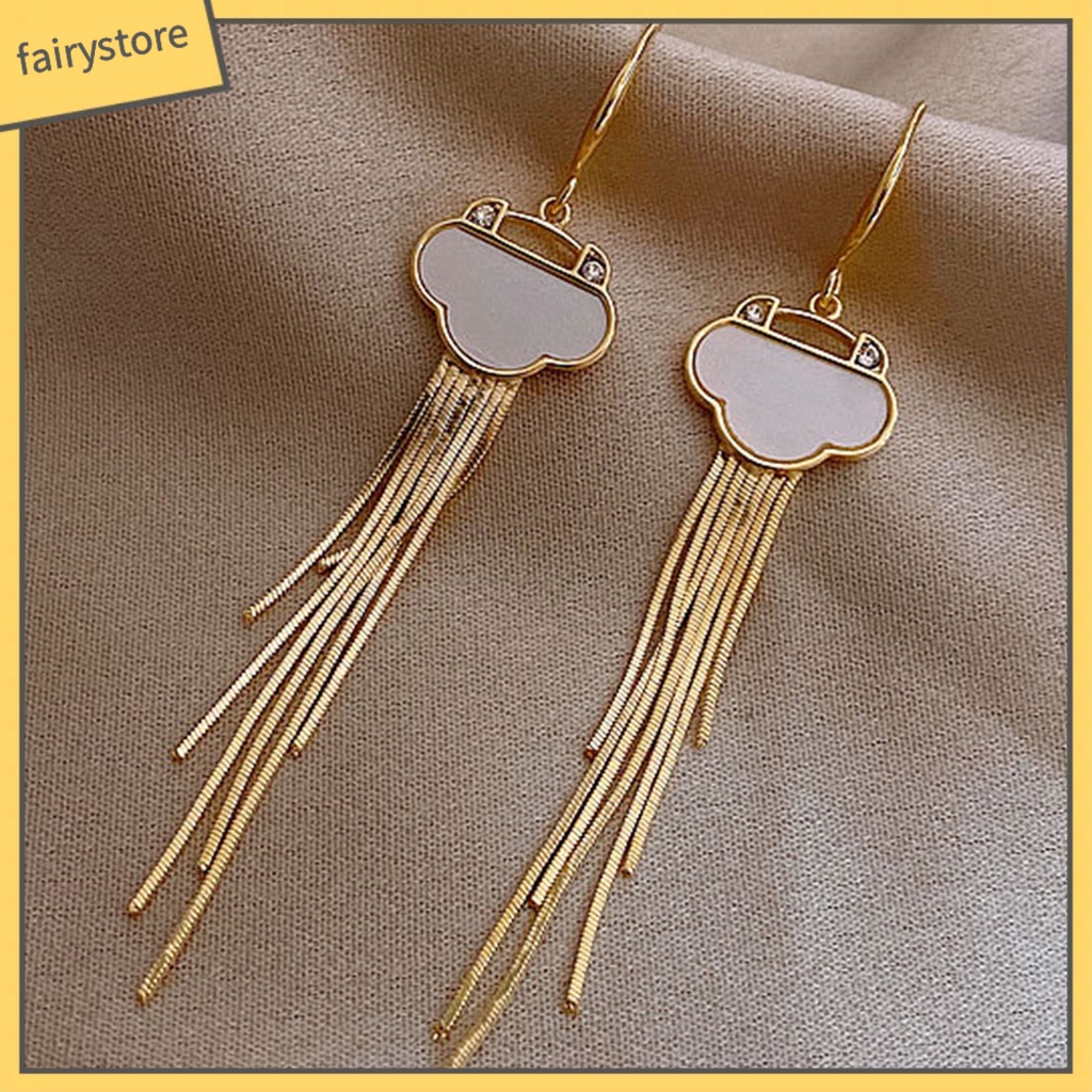 1 Đôi Bông Tai Hình Quạt Tua Rua Dài Phong Cách Trung Hoa Thanh Lịch Dành Cho Nữ