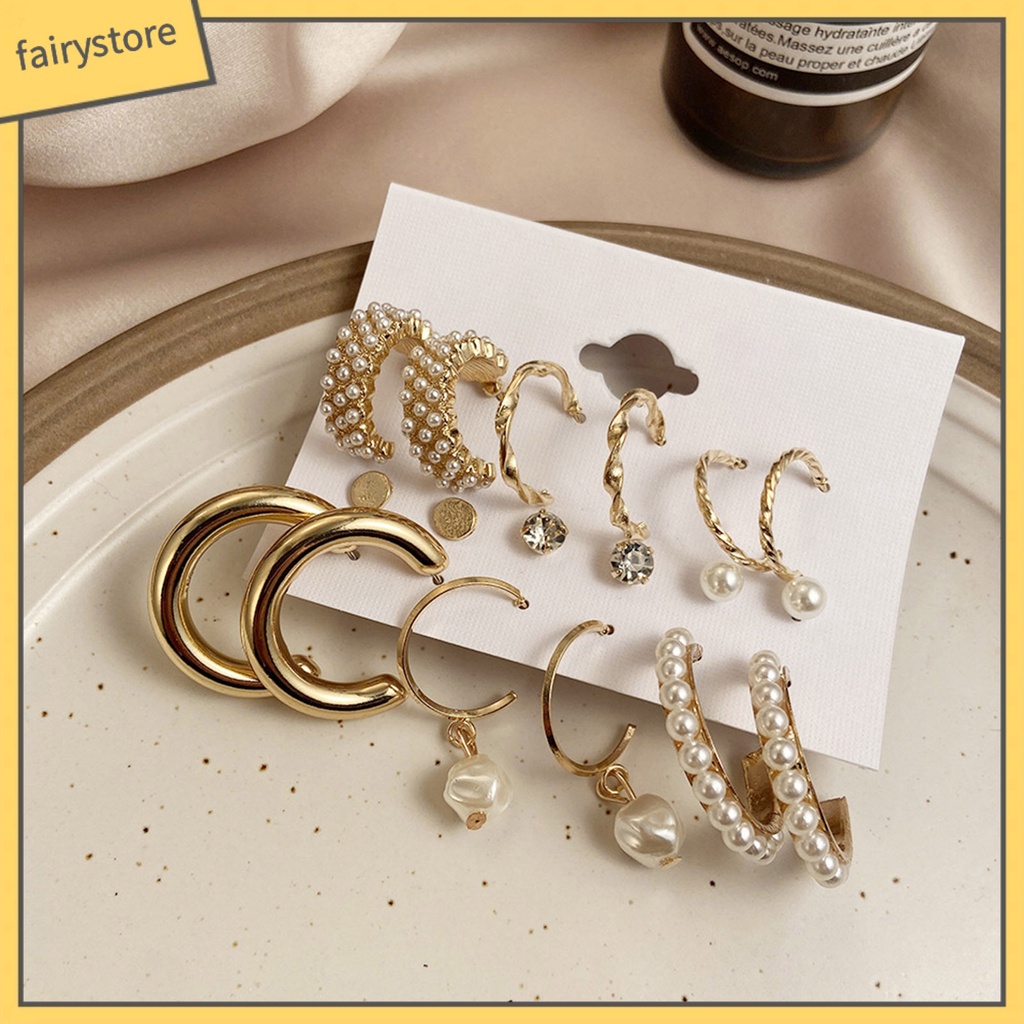 Set 9 Đôi Bông Tai Tròn Đính Đá / Ngọc Trai Giả Thời Trang Cho Nữ