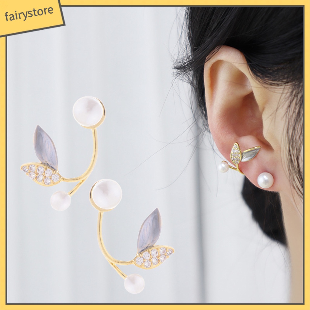 1 Đôi Bông Tai Hình Chiếc Lá Đính Ngọc Trai Nhân Tạo Phong Cách Hàn Quốc