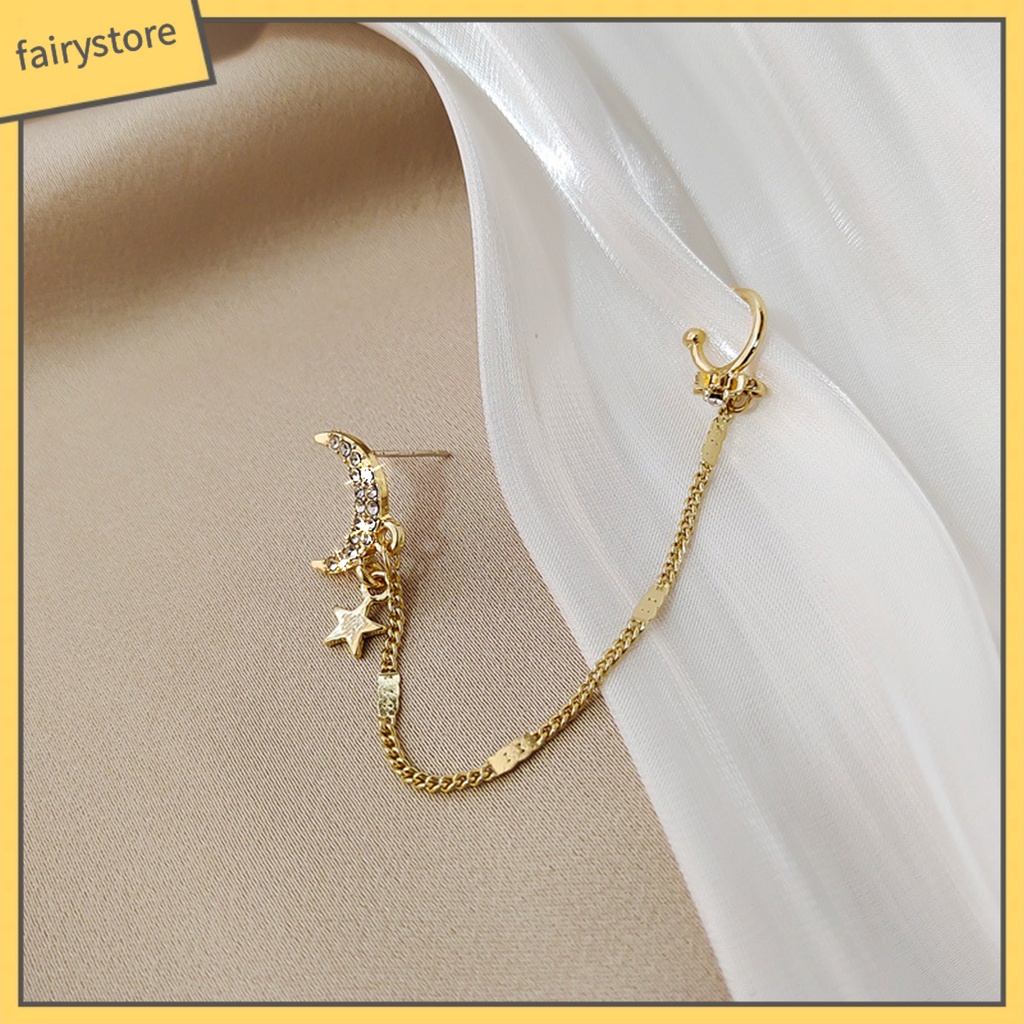 1 Bông Tai Đeo Vành Tai Hình Mặt Trăng Ngôi Sao Đính Đá Bằng Hợp Kim