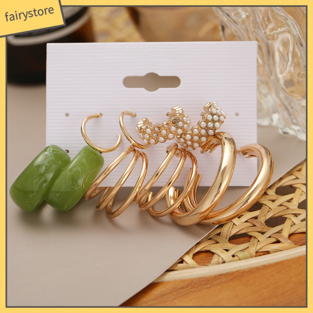 Set 5 Đôi Bông Tai Tròn Bằng Kim Loại Đính Ngọc Trai Nhân Tạo Phong Cách Bohemian