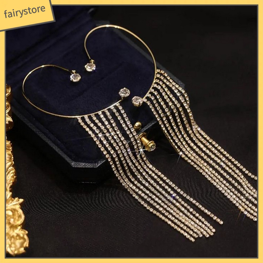 1 Khuyên Kẹp Vành Tai Đính Đá Phối Tua Rua Đơn Giản Thời Trang Đám Cưới