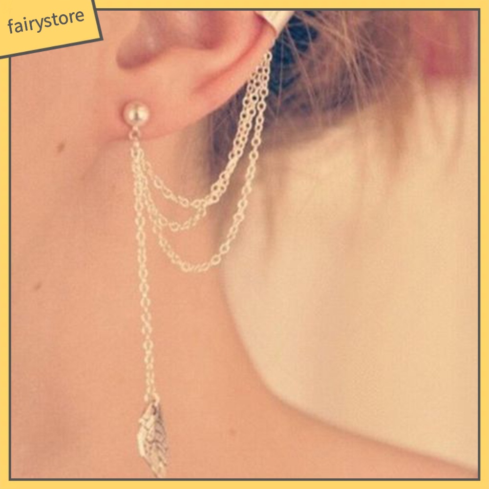 Bông Tai Kiểu Kẹp Hình Lá Phối Dây Xích Phong Cách Punk Rock Thời Trang Cho Nữ